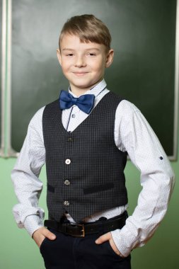 Portrait of a handsome schoolboy in elegant clothes at the blackboard. A smart and successful student, an excellent student.