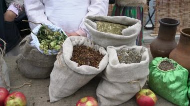 Linen bag filled with dried medicinal herbs. Horsetail, St. John's wort, chamomile, fresh apples.