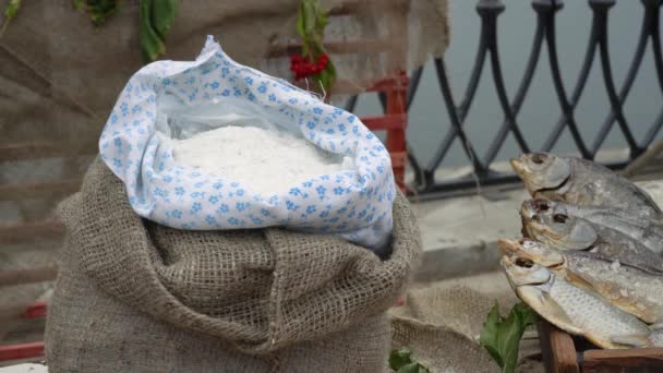 Linen Bag Filled White Edible Salt — Stock video