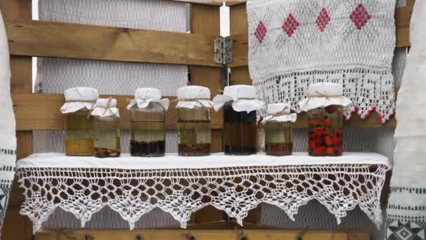 Glass Jars Tincture Medicinal Herbs — Vídeo de stock