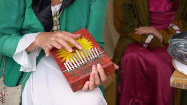 Young Happy Woman Plays Kalimba Musical Instrument — 비디오