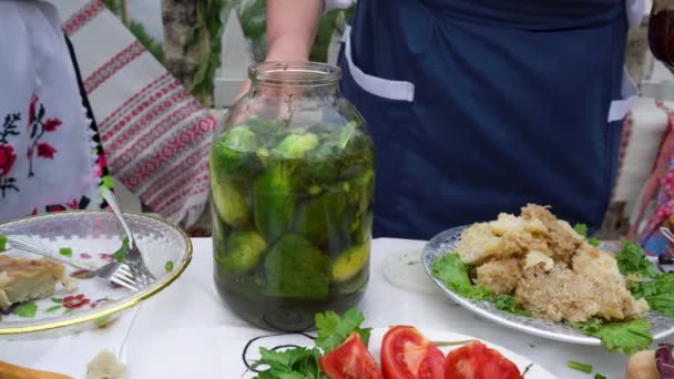 Canned Cucumbers Glass Transparent Jar — Vídeo de Stock