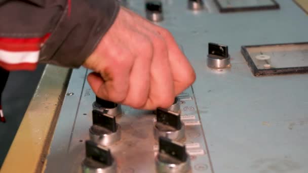Worker Presses Button Control Panel Mechanism — Vídeos de Stock