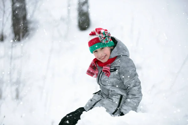 Kind Winter Voor Een Wandeling Een Jongetje Een Rode Gebreide — Stockfoto