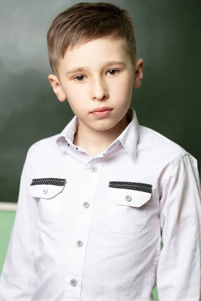 Pionowy Portret Ucznia Przy Tablicy Chłopak Lat Klasie — Zdjęcie stockowe