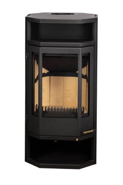 Metal ve ısıya dayanıklı camdan ısıtmak için modern şömineler. Beyaz arkaplanda katı yakıt kazanları izole edildi.