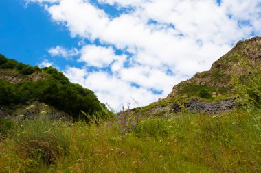 Dağ manzarası. Mavi gökyüzüne karşı güzel dağlar ve çayırlar..