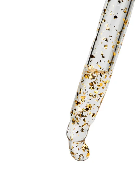 Kosmetická Pipeta Olejovitými Kapkami Zlatými Skvrnami Zblízka Bílém Pozadí — Stock fotografie