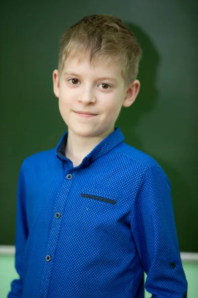 Vertical Portrait Schoolboy Blackboard Boy Ten Years Old Class — Stock Photo, Image