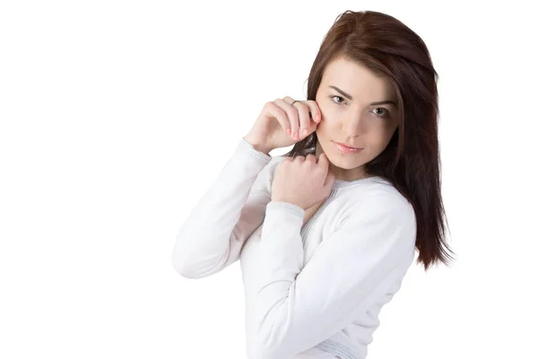 Meisje Model Een Wit Shirt Met Donker Haar Poseren Kijken — Stockfoto