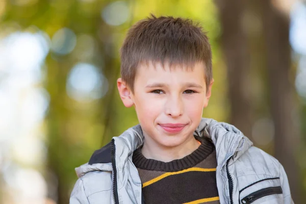 Πορτρέτο Ενός Δεκάχρονου Αγοριού Στο Φόντο Ενός Φθινοπωρινού Πάρκου — Φωτογραφία Αρχείου