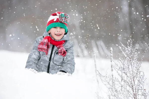 Barn Vintern För Promenad Liten Pojke Röd Stickad Hatt Sitter — Stockfoto