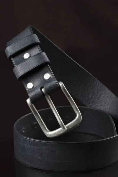 Black Leather Belt Dark Background Leather Products — Zdjęcie stockowe