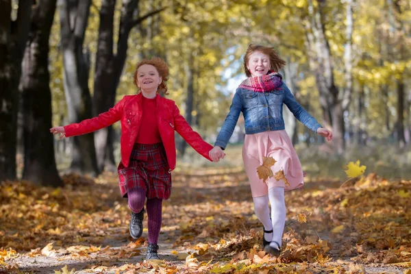 Щасливі Діти Грають Осінньому Парку Теплий Сонячний Осінній День — стокове фото