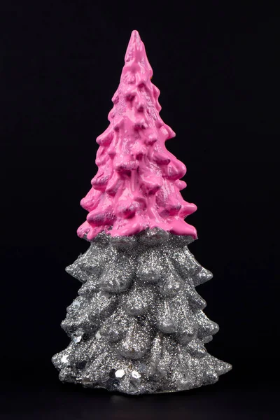 Різдвяна Композиція Рожева Срібна Ялинка Чорному Тлі Святами Концепція Мінімального — стокове фото
