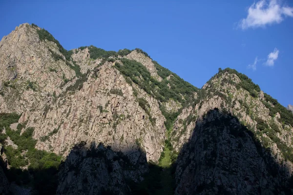 stock image Rocky mountains covered with vegetation against the blue sky.