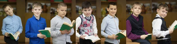 A collage of portraits of a schoolboy, middle school students with a book.