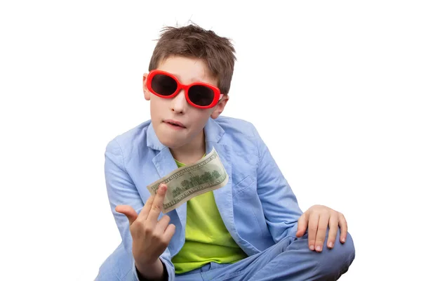Uroczy Bogaty Chłopak Okularach Trzyma Dolary Edukacja Finansowa Młody Milioner — Zdjęcie stockowe