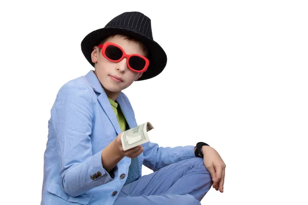 Ένα Χαριτωμένο Πλούσιο Αγόρι Γυαλιά Κρατάει Δολάρια Χρηματοοικονομική Εκπαίδευση Νέος — Φωτογραφία Αρχείου