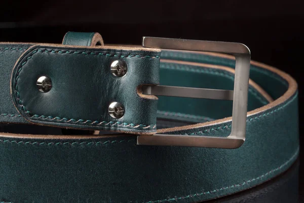 Part Green Leather Belt Black Background — Stock Photo, Image