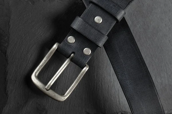 Black Leather Belt Dark Background Leather Products — Zdjęcie stockowe