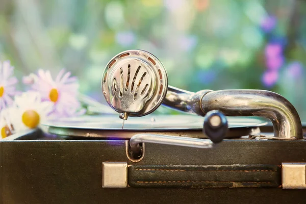 Vintage Felvétel Egy Retro Gramofonról Bakelitlemezzel Egy Romantikus Elmosódott Virágcsokorral — Stock Fotó