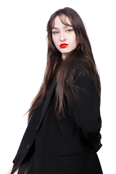 Portrait Beautiful Girl Long Hair Black Jacket White Background — Stock Photo, Image