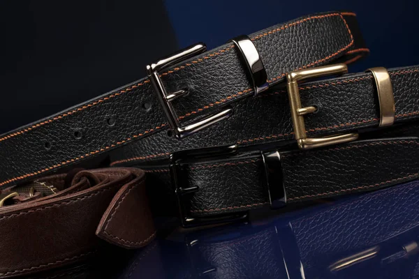 Group Black Leather Belts Blue Background — 스톡 사진