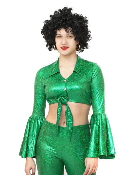 Fată Într Costum Disco Stilul Anilor Optzeci Fundal Alb Tânără — Fotografie, imagine de stoc