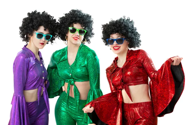 Group Disco Girls African American Wigs Colorful Costumes White Background — Stock Photo, Image