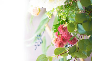 Hafif arka planda yapay dikenli çiçekli bir dal..