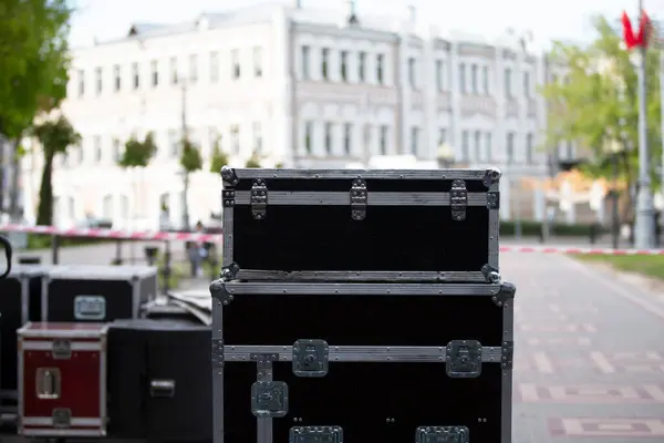 Case boxes for musical equipment. Professional stage equipment is packed in special boxes.