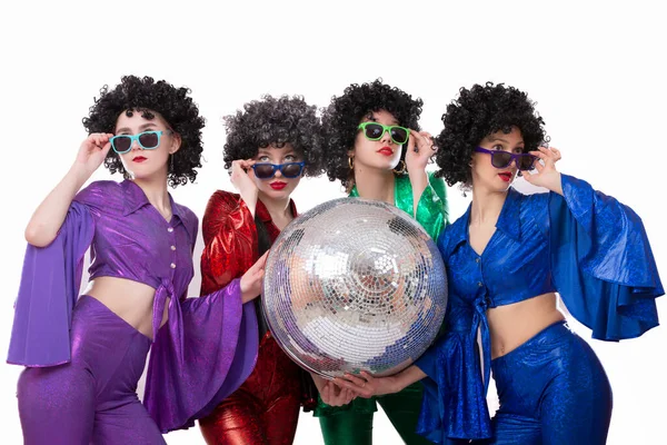Group of funny girls in disco style, with disco ball, halloween party, on white background.