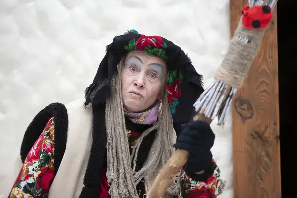 Baba Yaga. Fairy tale character evil grandmother from Russian fairy tale. Halloween costume.