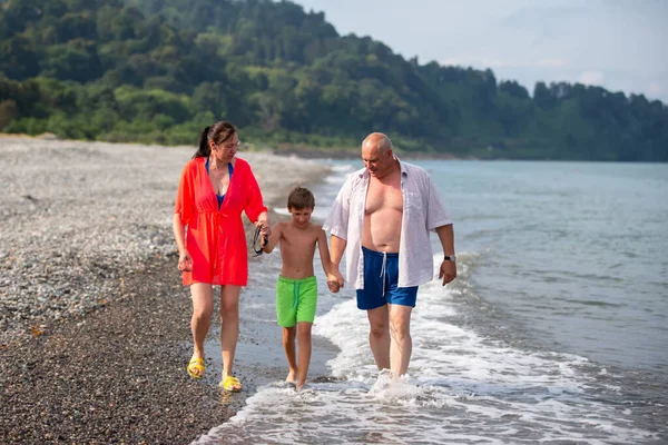 Parents walk with the child along the shore, talk, hold their son by the hand.