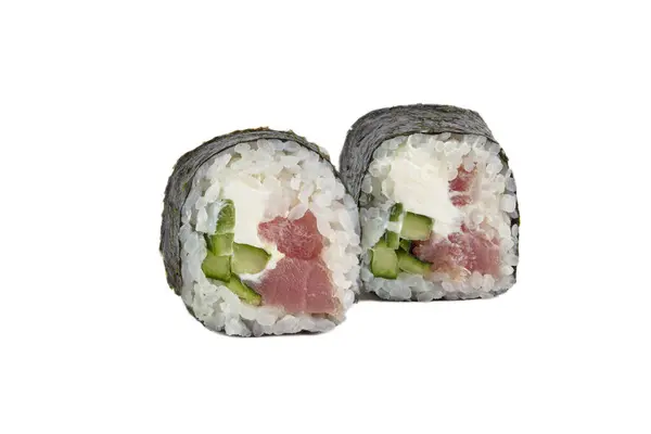 Sushi Closeup Isolated White Background Nori Seaweed Sushi Tuna Cucumber — Stock Photo, Image