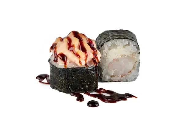 Sushi Isolated White Background Baked Sushi Soy Sauce — Stock Photo, Image