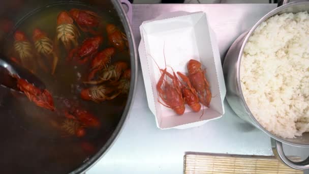 厨师的手放在一盒煮熟的小龙虾里 — 图库视频影像