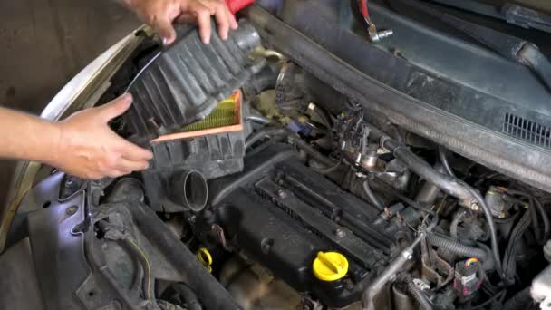Technicus Verwijdert Auto Luchtfilter Voor Inspectie Reiniging Auto Industrie Garage — Stockvideo