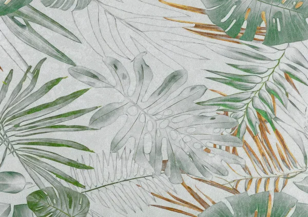 Faded Tropiska Blad Målade Vitt Texturerat Papper Stockbild