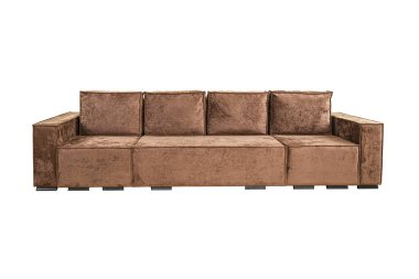 Brown sofa with velor fabric pillows isolated on a white background. Cushioned furniture. clipart