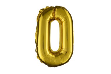 Helyum altın balonu numarası sıfır veya harf o beyaz üzerinde izole.