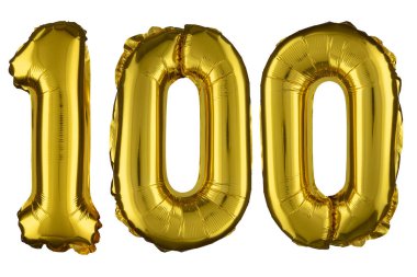 100 numaralı helyum altın balonu beyaz üzerine izole edilmiş..