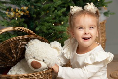 Komik küçük bir kız, Noel odasında pofuduk bir oyuncak ayıyı sepetten çıkardı..