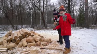 Çocuk, yetişkin kütüklerine karda yardım eder