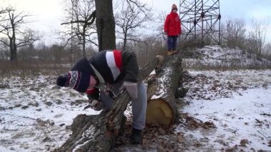 Çocuklar kışın tadını çıkarırken odun toplarlar.
