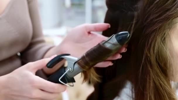 Head Brunette Woman Curled Hair Hair Styling Beauty Salon — Stockvideo