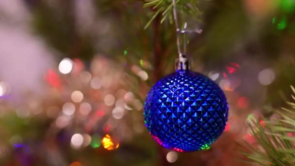 Χριστουγεννιάτικο Δέντρο Διακοσμημένο Μπλε Γυάλινη Μπάλα Στο Κλαδί Έλατο Χριστουγέννων — Αρχείο Βίντεο