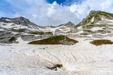 Tropikal ormandaki dağların tepesindeki kar yığınları ve yeşil çimenler. Dağlar ve çayırlar.