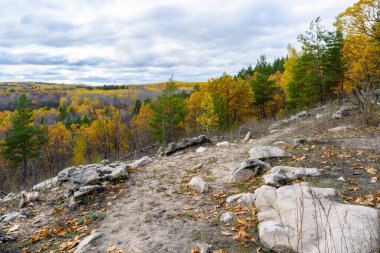 Sonbahar manzarası, sonbaharda dağlarda doğa, kayalar, dağlar, tepeler. Ormandaki kayaların manzarası.